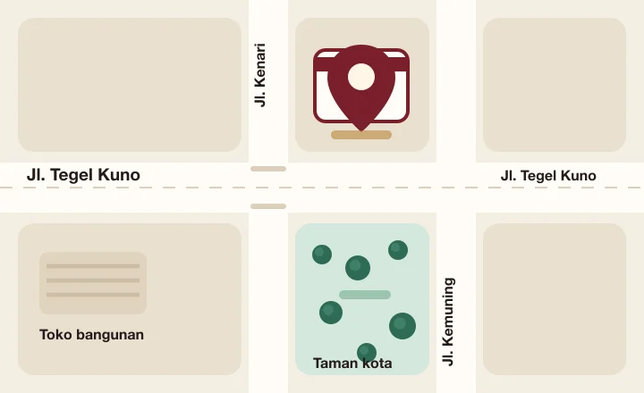 Peta ilustrasi: Kursi Putar di Jl. Tegel Kuno, seberang taman kota, dekat perempatan dan toko bangunan